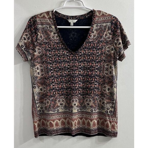 Lucky Brand Small Tunic Top Peasant Boho Pink Blue V‎ Neck Lightweight Hippie - Picture 1 of 8